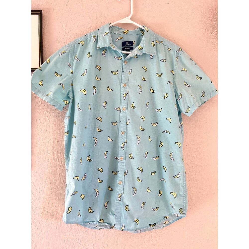 Short sleeved button down shirt, Banana pattern, Cotton, beachcore
